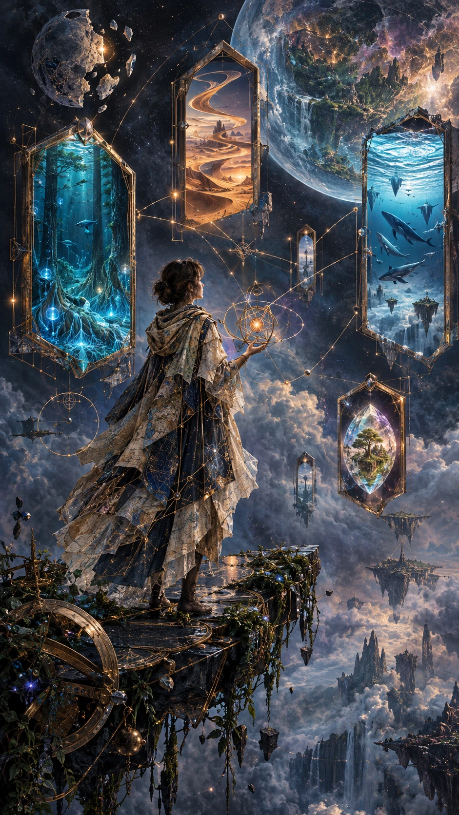 A solitary cartographer maps the void from a suspended platform