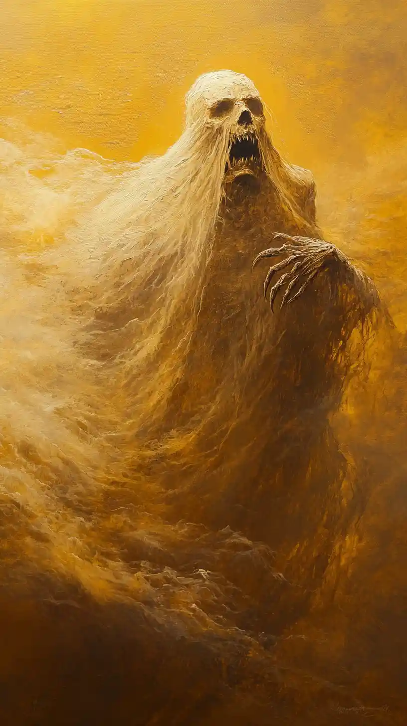 A Spectral Wraith Emerging From Swirling Mist In An Oil Painting