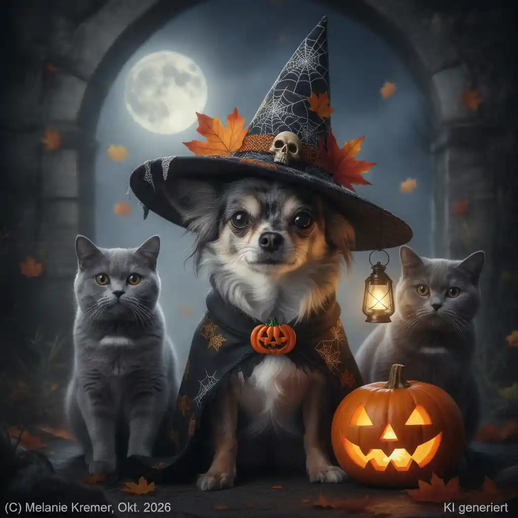 A Chihuahua in a Witch Costume with Two Gray British Shorthair Cats