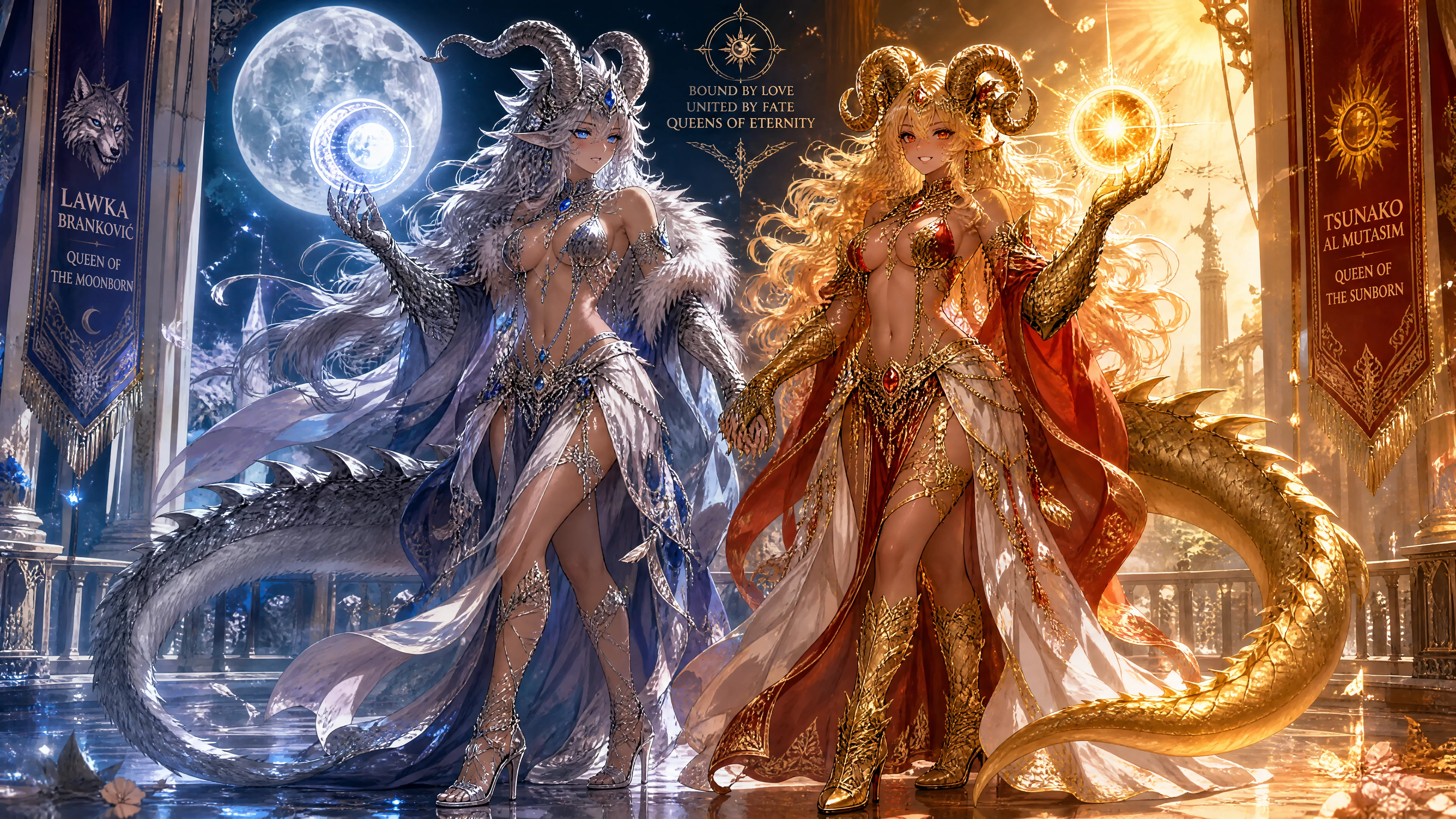 A moonborn queen with dragon horns and long silver-tipped hair