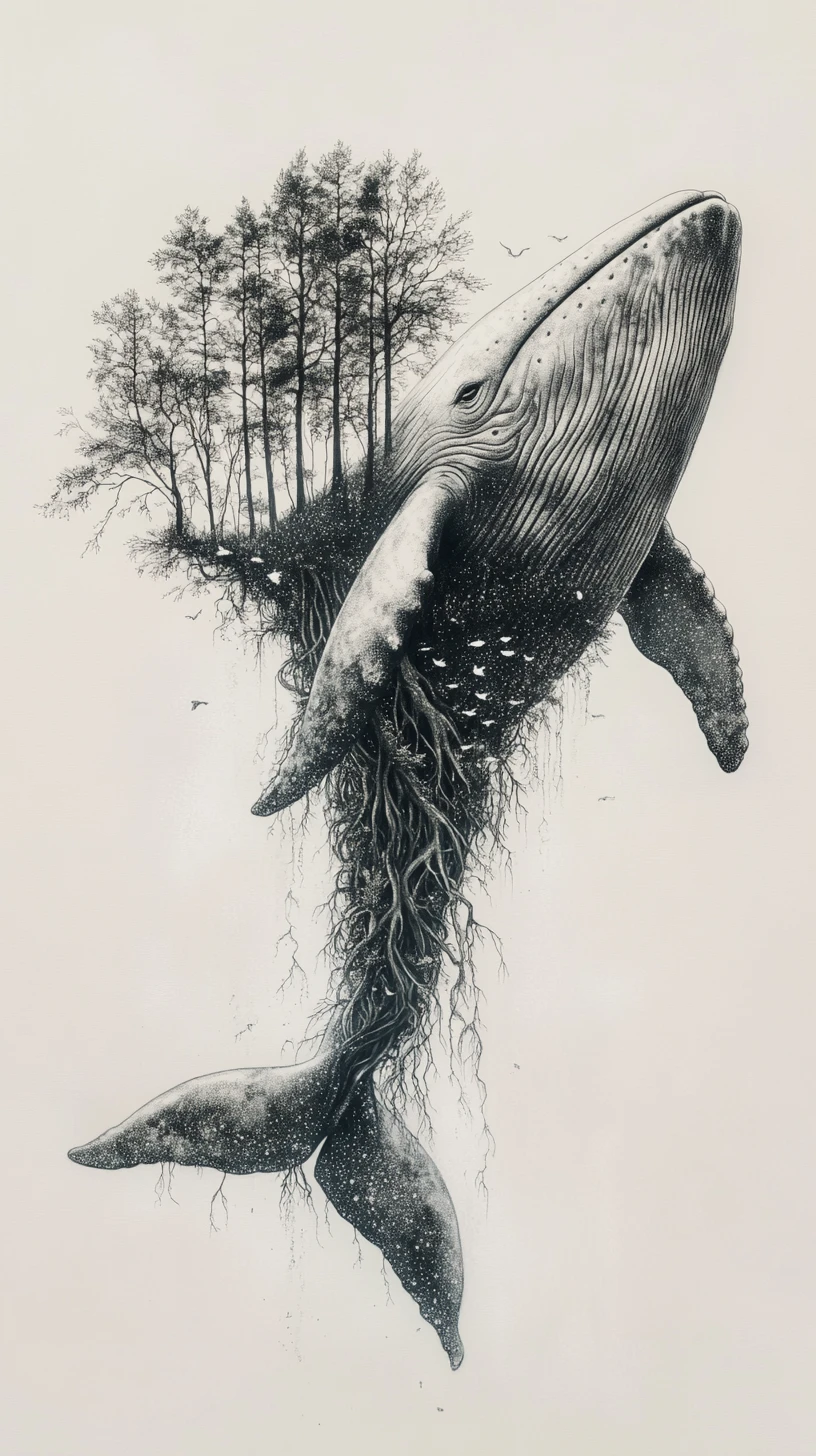 A floating whale reveals forests, waterfalls, and roots within its curving form