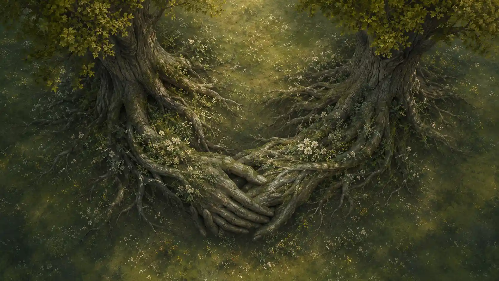 Two ancient trees intertwine their roots beneath a quiet meadow