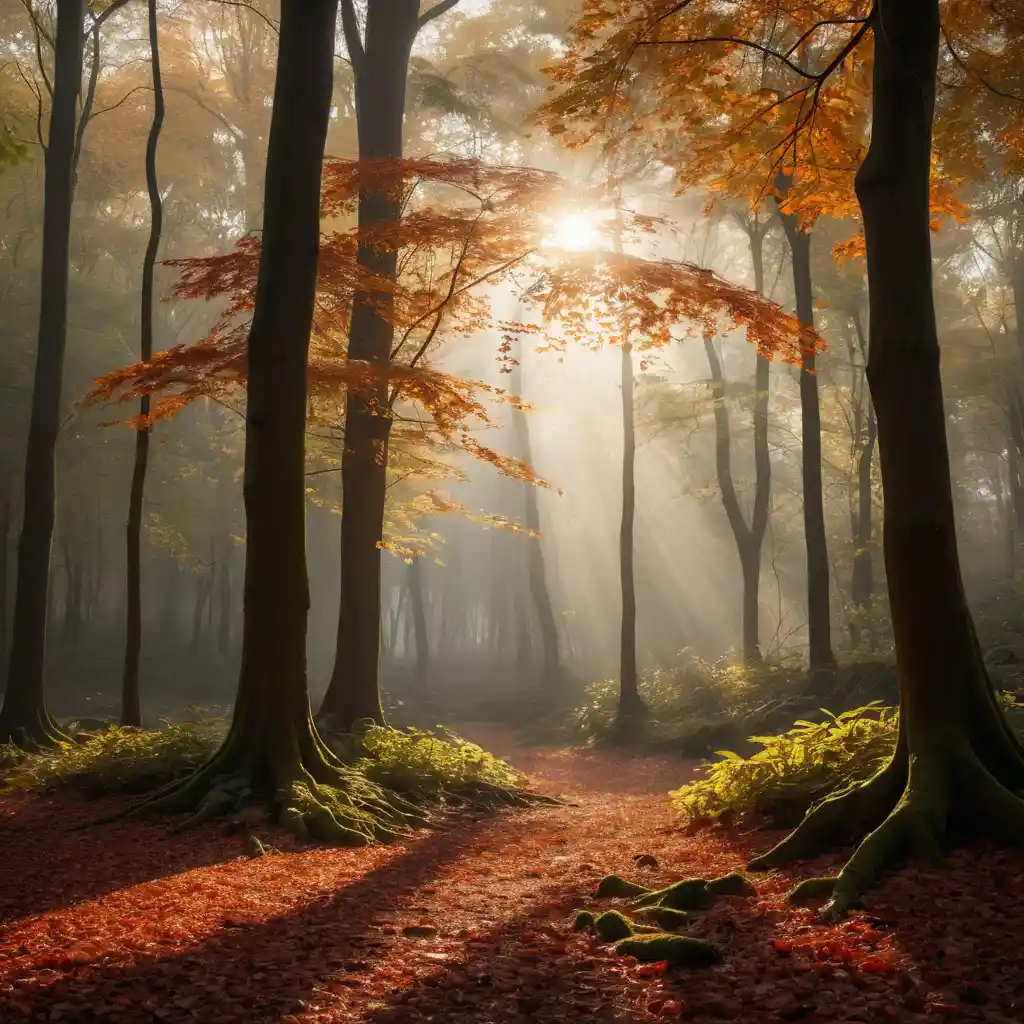A Misty Autumn Forest Glows Beneath Golden Rays at Dawn