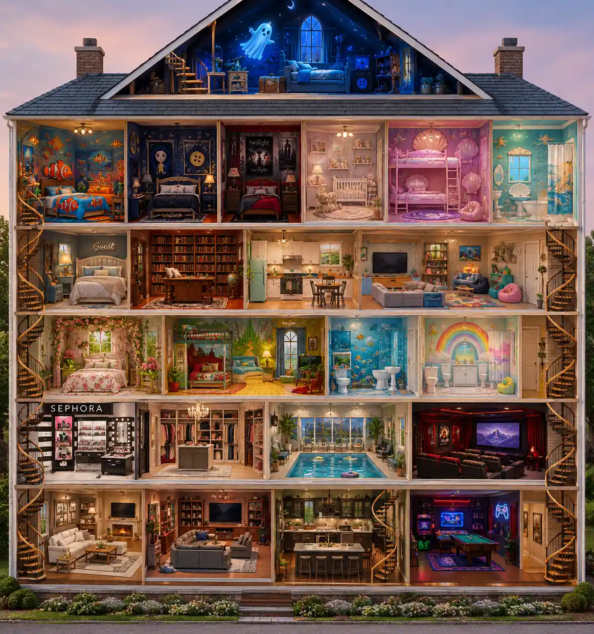 A Five-Story Dollhouse Opens to a View of Its Furnished Rooms