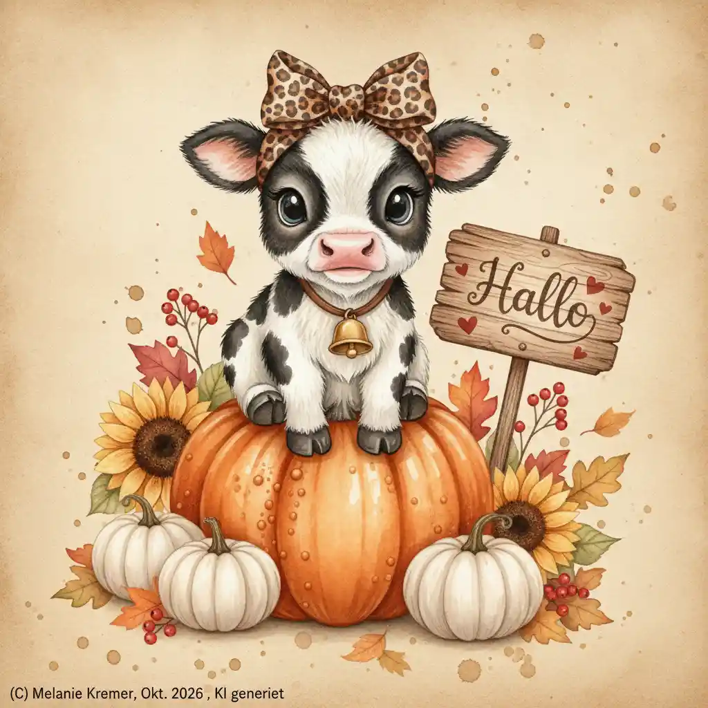 A fluffy calf sits atop a pumpkin in a leopard print headband