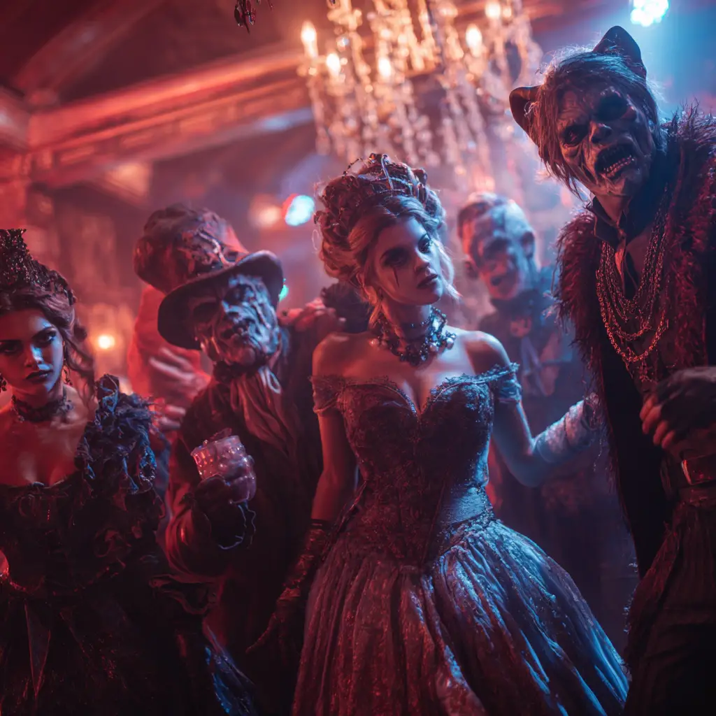 Horror characters dance together at an extravagant Halloween party