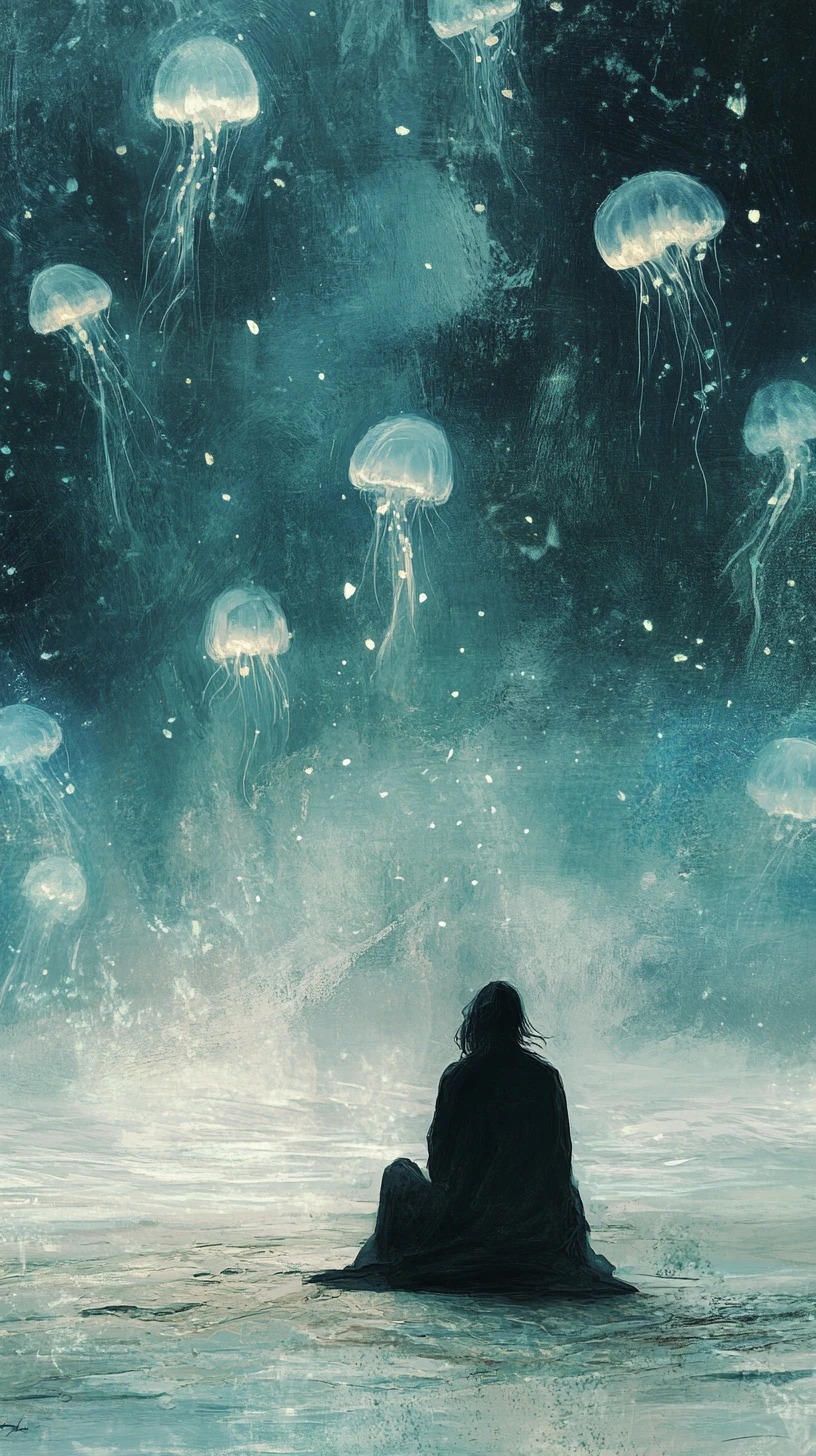 A solitary figure sits beside a calm sea at dawn