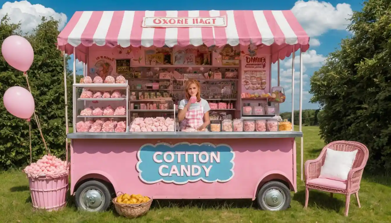 A nude woman smiles beside a cotton candy stand beneath a striped canopy