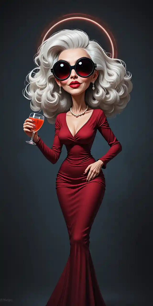 A Caricatured Elderly Woman Holds a Red Cocktail Against a Dark Background