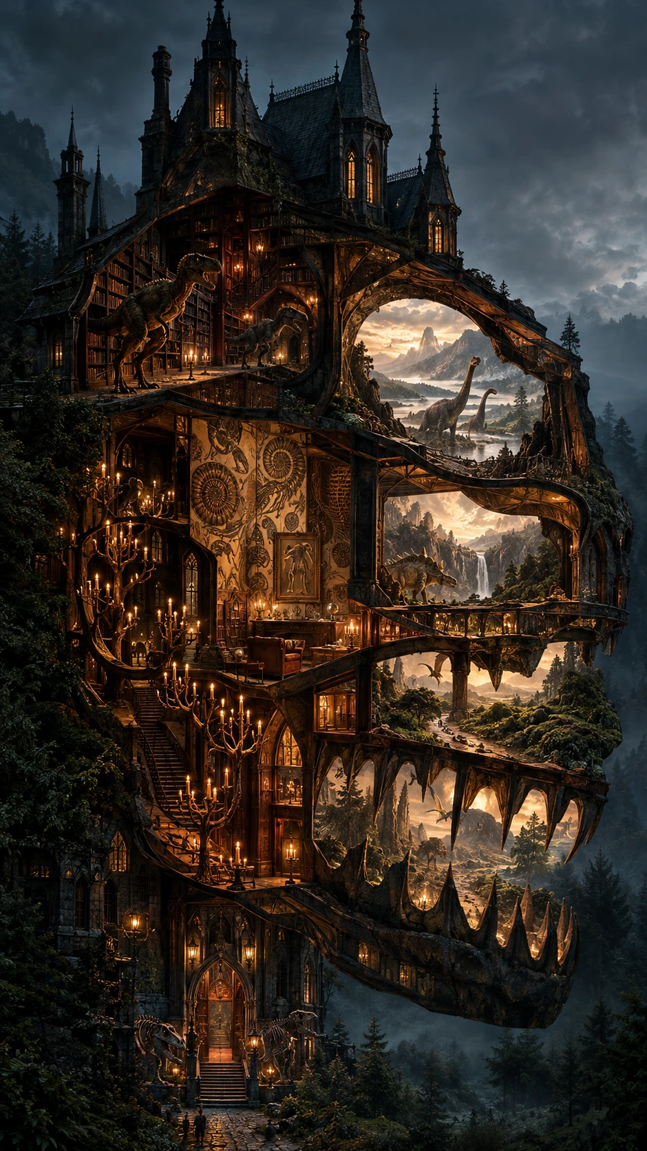 A gothic manor rises from an ancient forest