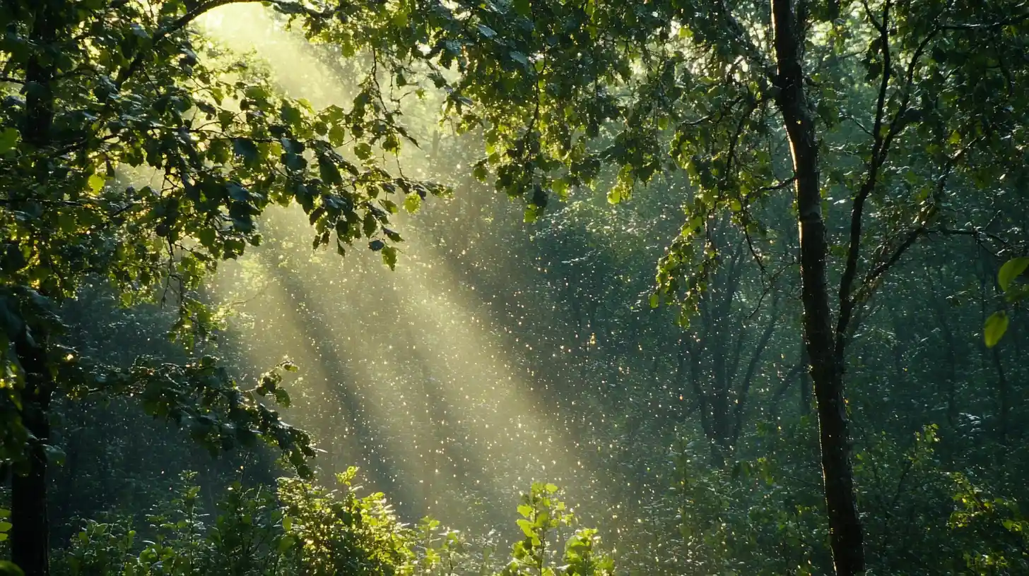 A forest after rain glows as leaf droplets catch warm morning sunlight