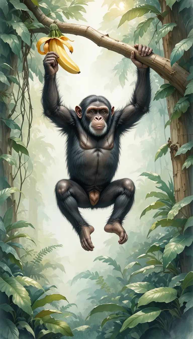 A chimpanzee hangs from a jungle branch while holding a banana