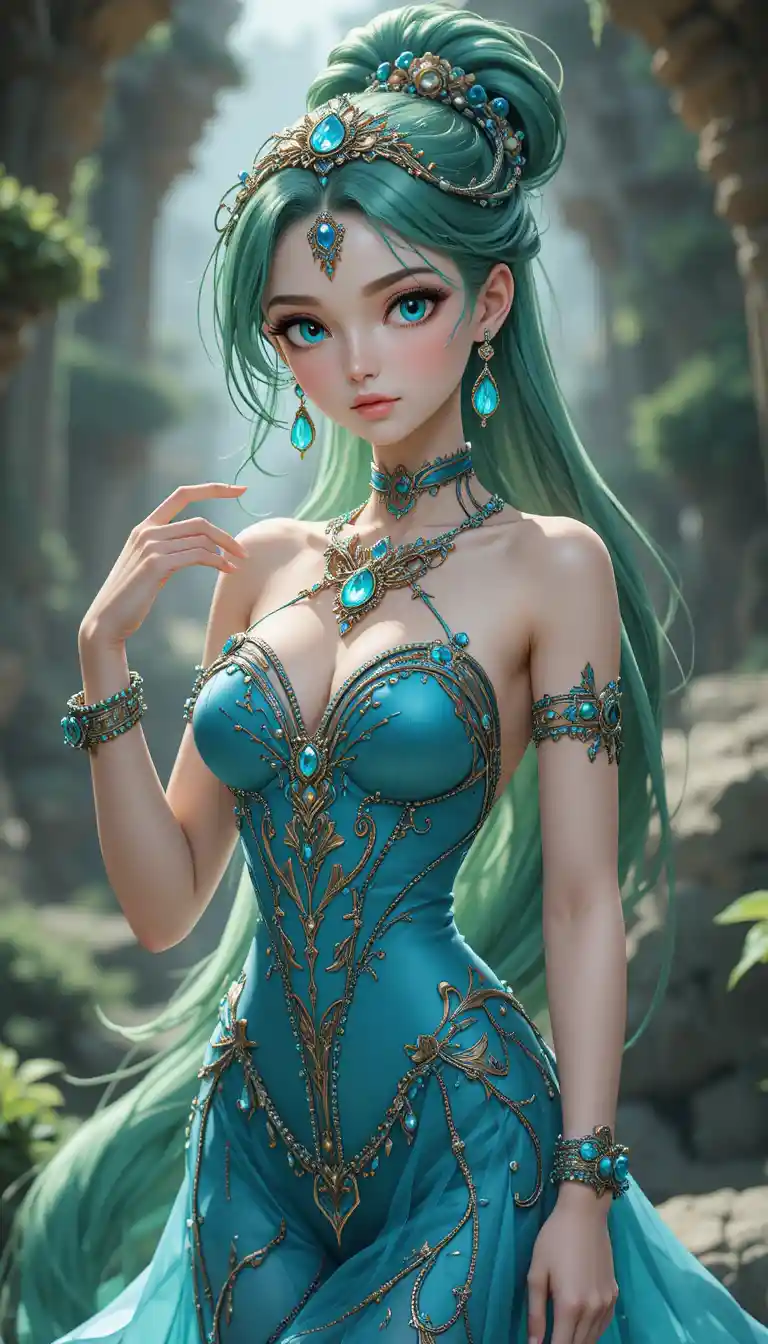 A fantasy mermaid woman with dark green hair and pearl jewelry
