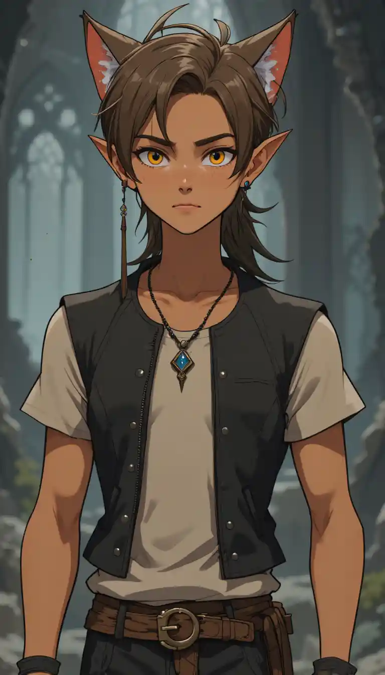 A fantasy man with feline features and small translucent wings