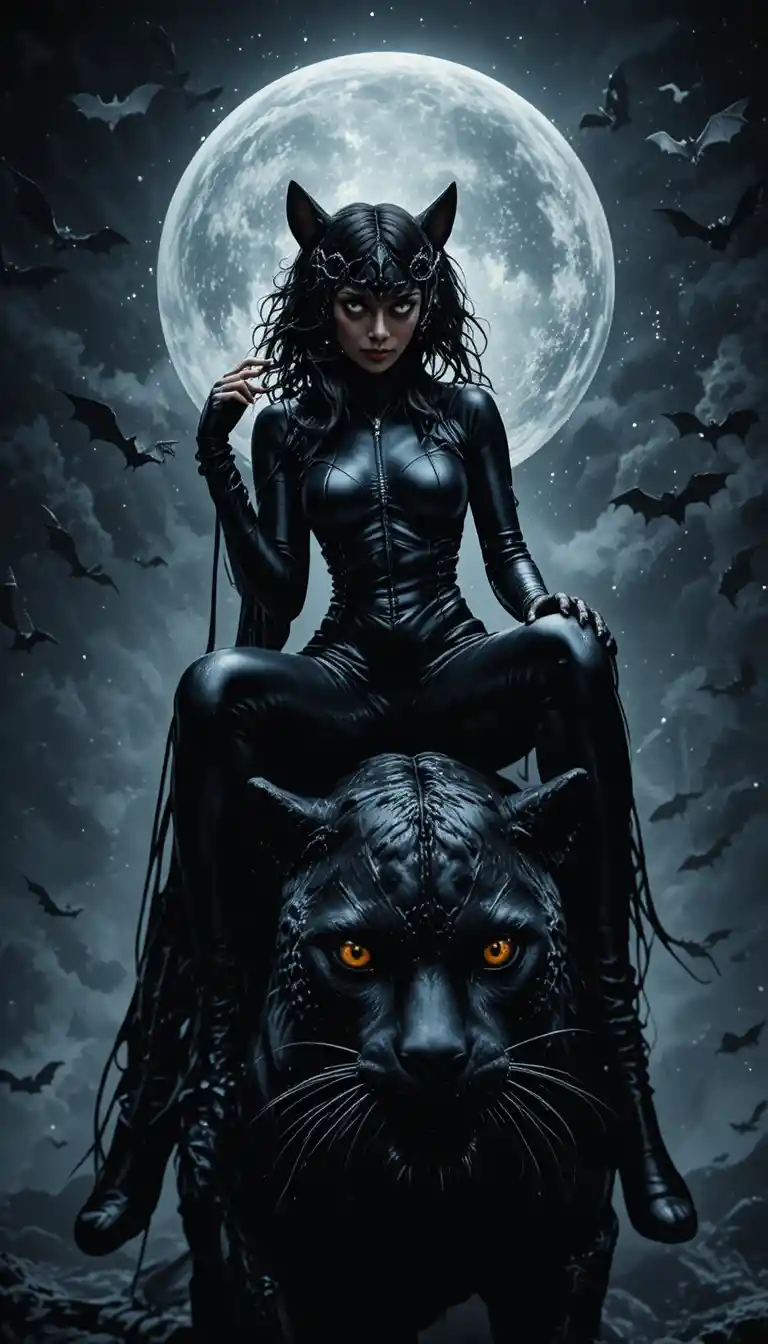 Catwoman Rides a Black Panther Beneath a Luminous Full Moon