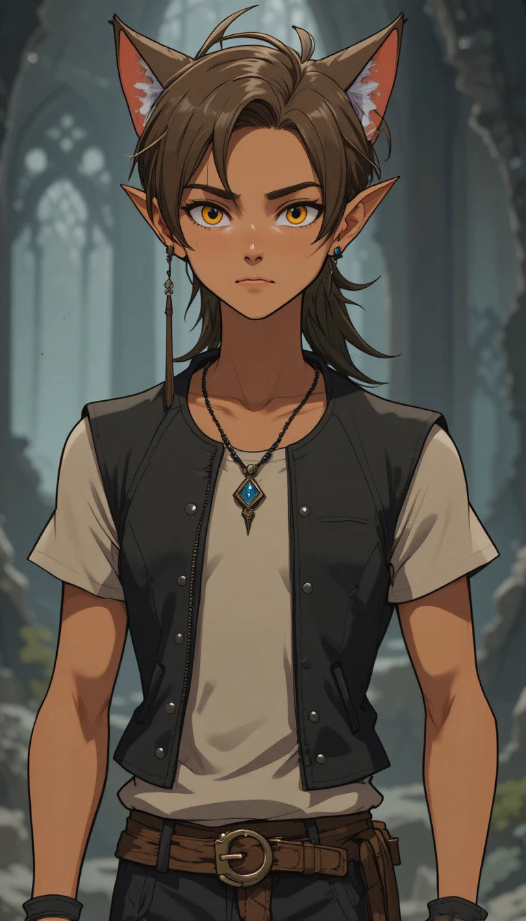 A fantasy man with feline features and small translucent wings