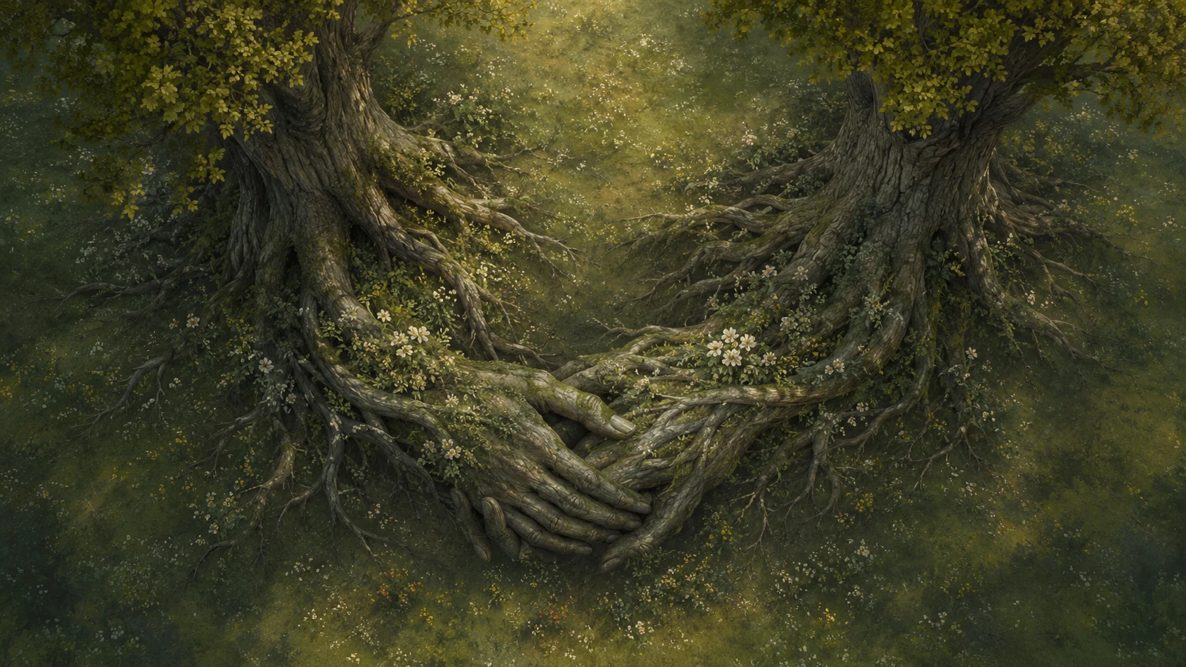 Two ancient trees intertwine their roots beneath a quiet meadow