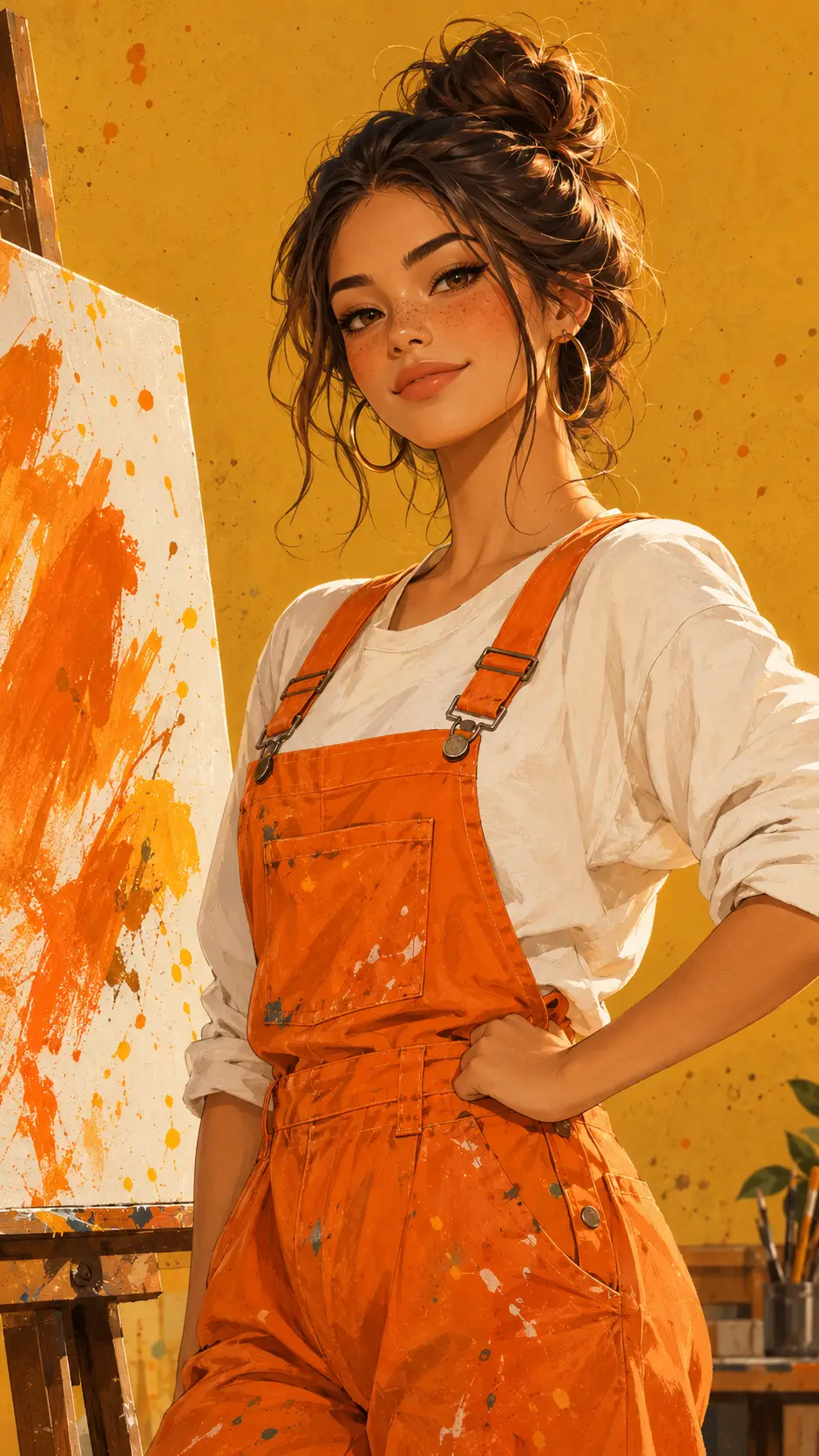 Confident young artist poses beside an easel against a mustard background