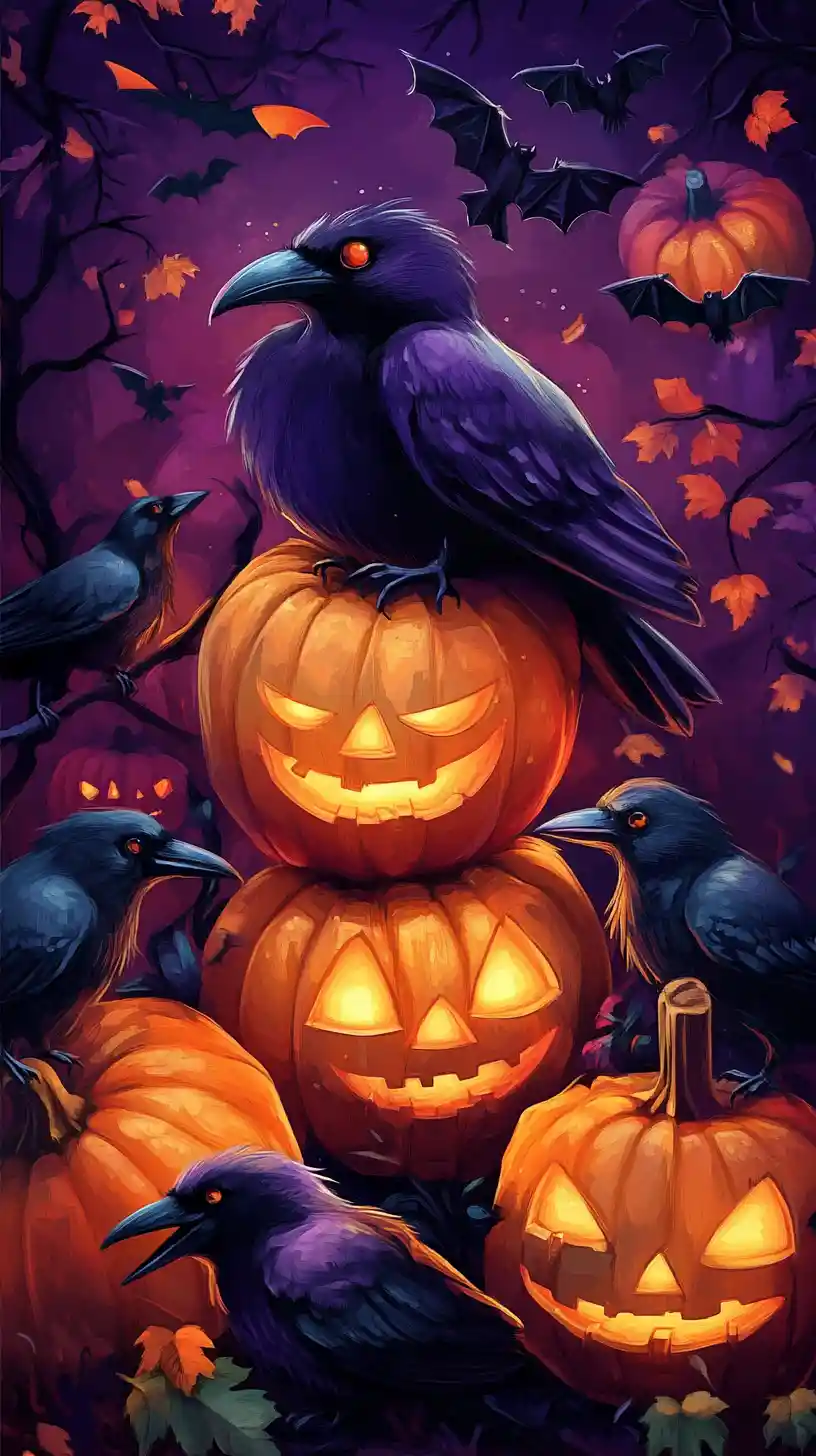 A cute spooky creature among Halloween pumpkins and ravens