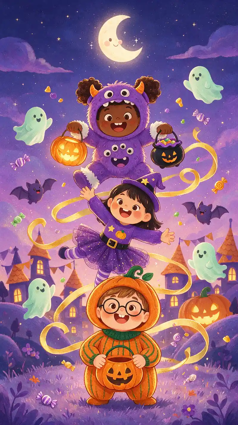 Three costumed children celebrate Halloween in a whimsical vertical arrangement