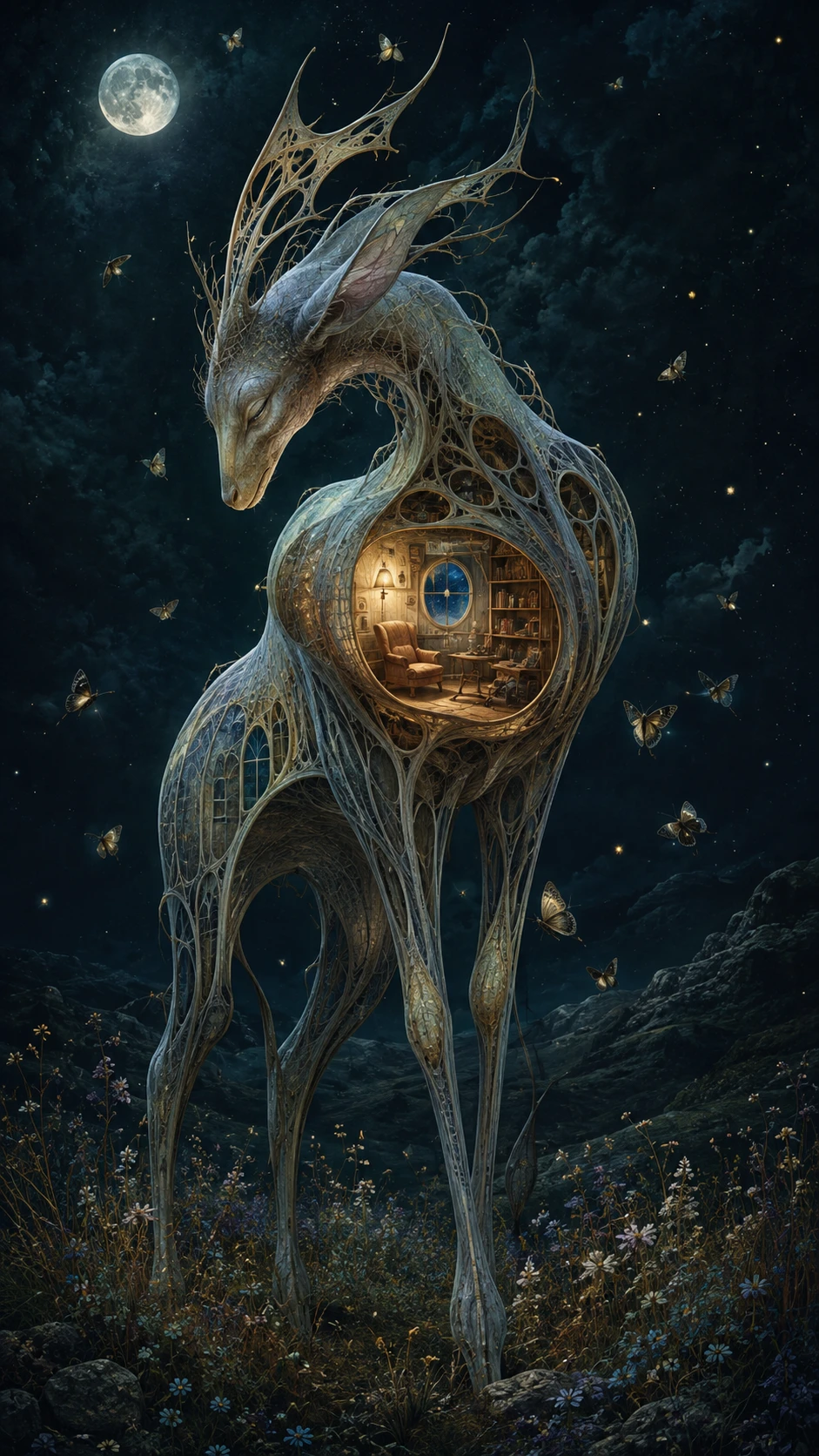 A moonlit creature stands in a meadow with a tiny room in its chest