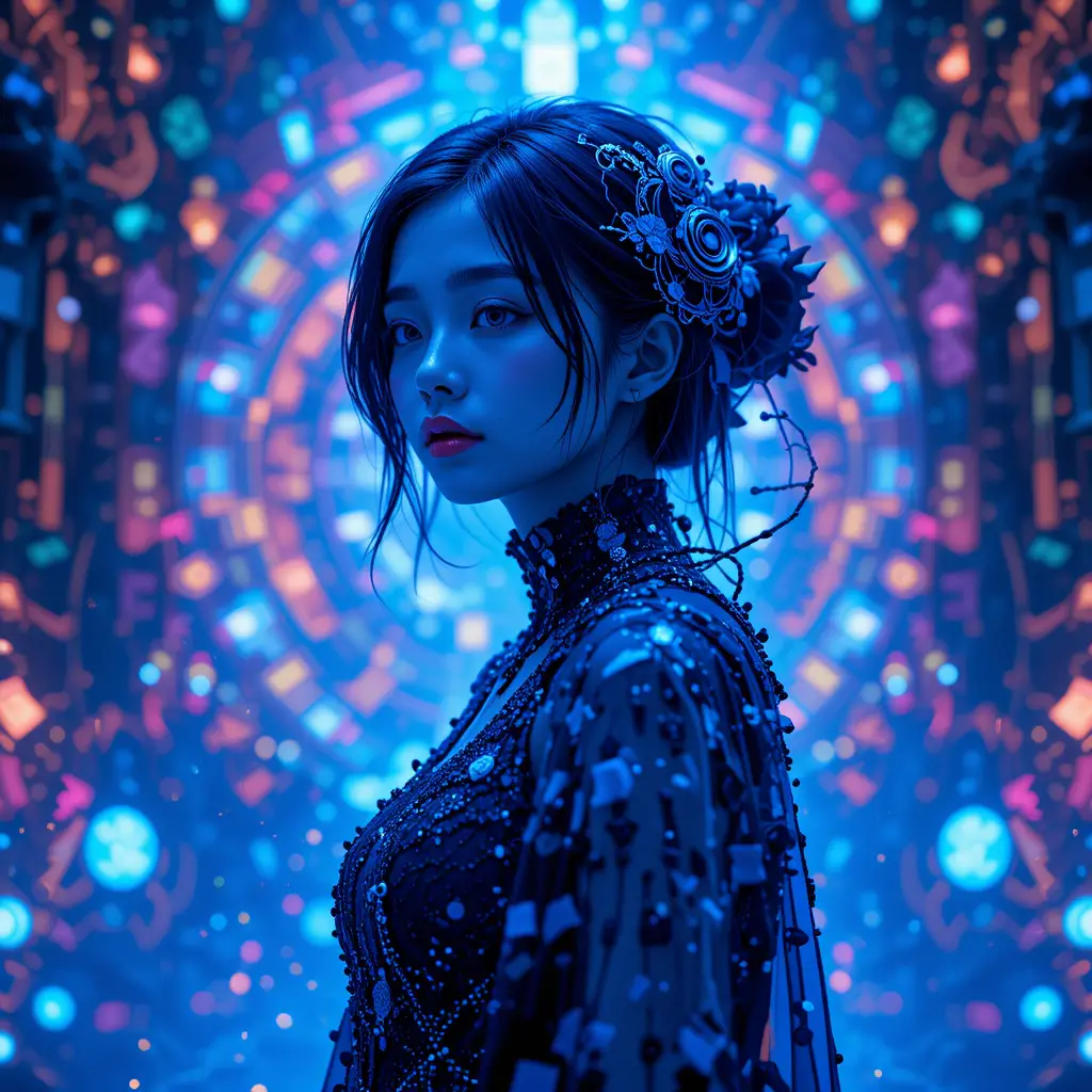 一位亞洲女性站在鮮豔色彩之中，微微歪著頭