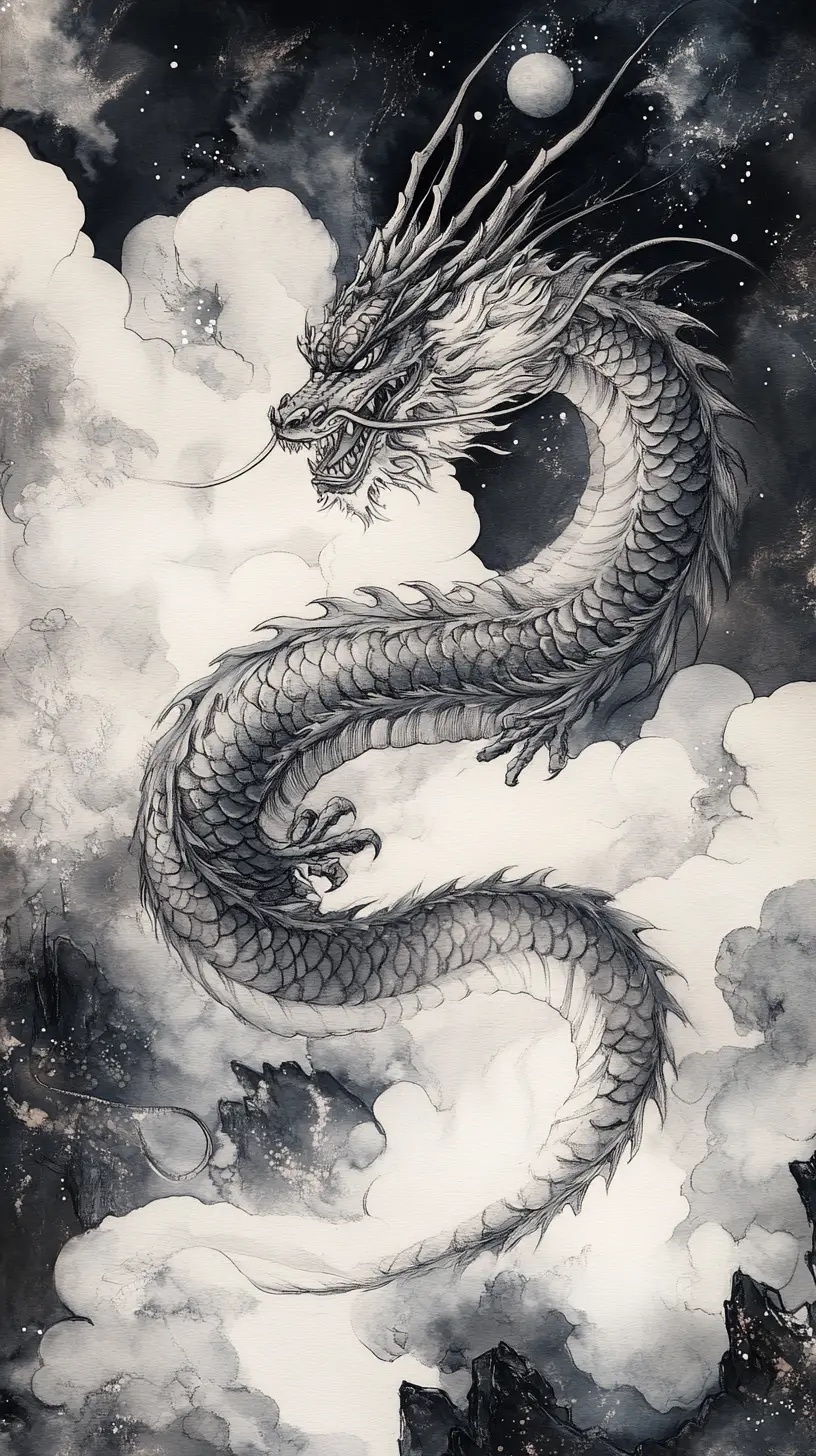 Un drago orientale si snoda tra le nuvole con acquerello e inchiostro