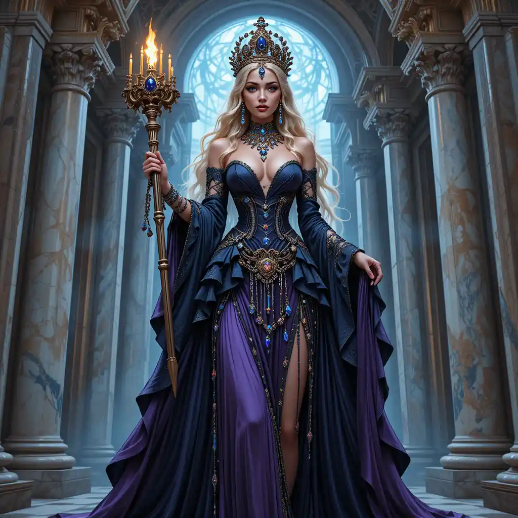 A fantasy sorceress in an ancient marble tower wearing an ornate gown