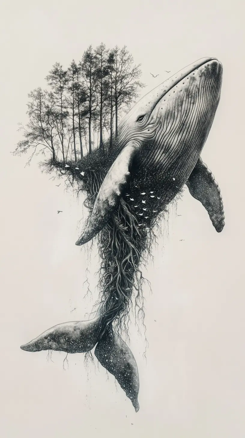 A floating whale reveals forests, waterfalls, and roots within its curving form