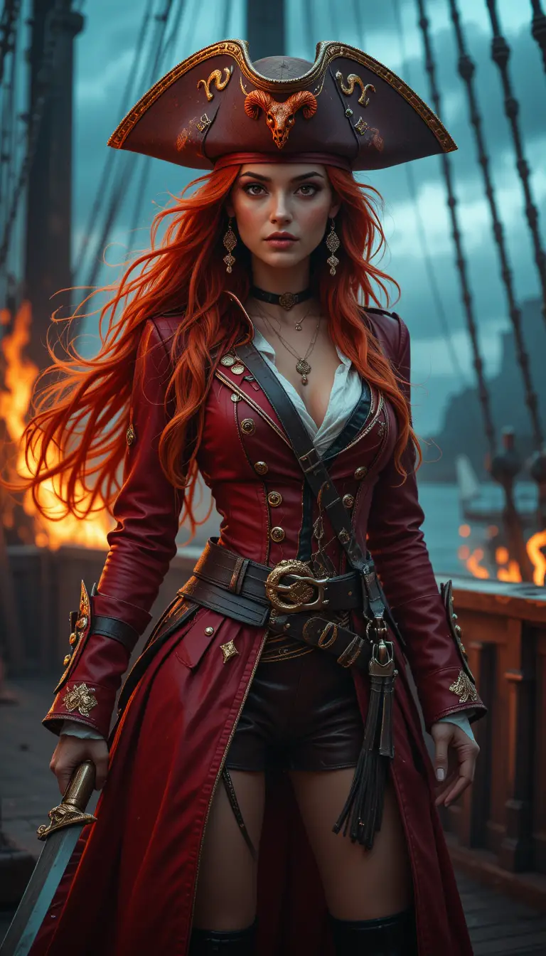 Red-haired pirate wields a cutlass on a flame-filled ship deck