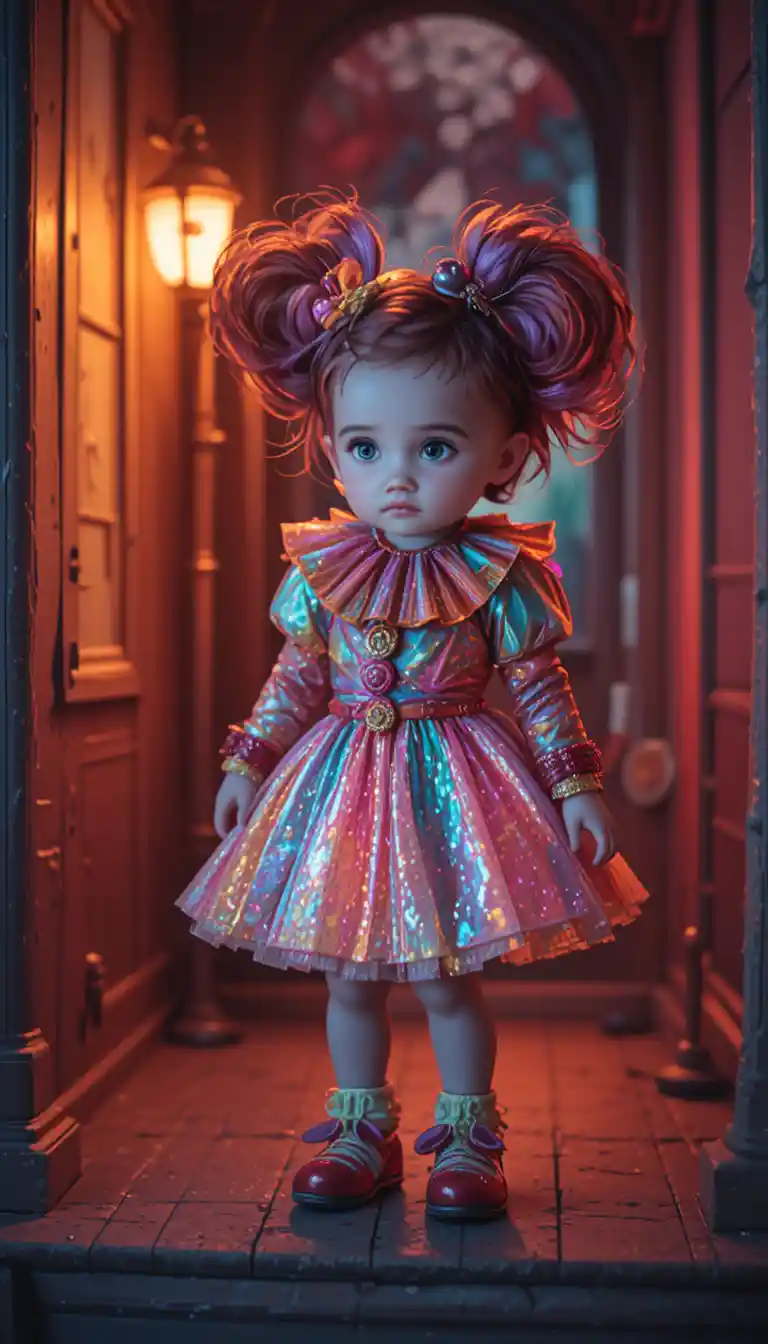 A chibi female clown beckons from a colorful suburban porch