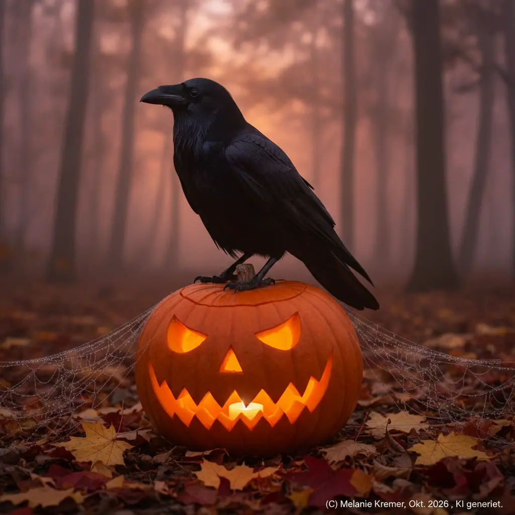 A black raven perched on a candlelit carved pumpkin in an autumn forest