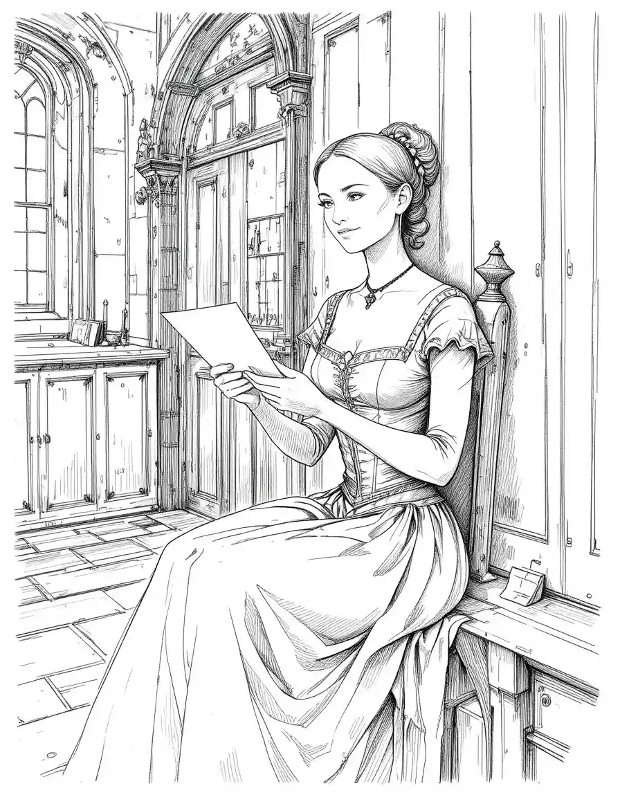 A woman reads a letter in a medieval room while smiling