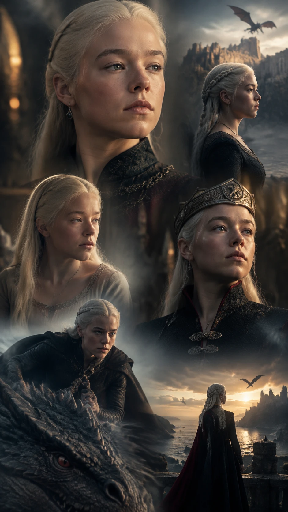 A seamless collage of young Rhaenyra Targaryen in film scenes