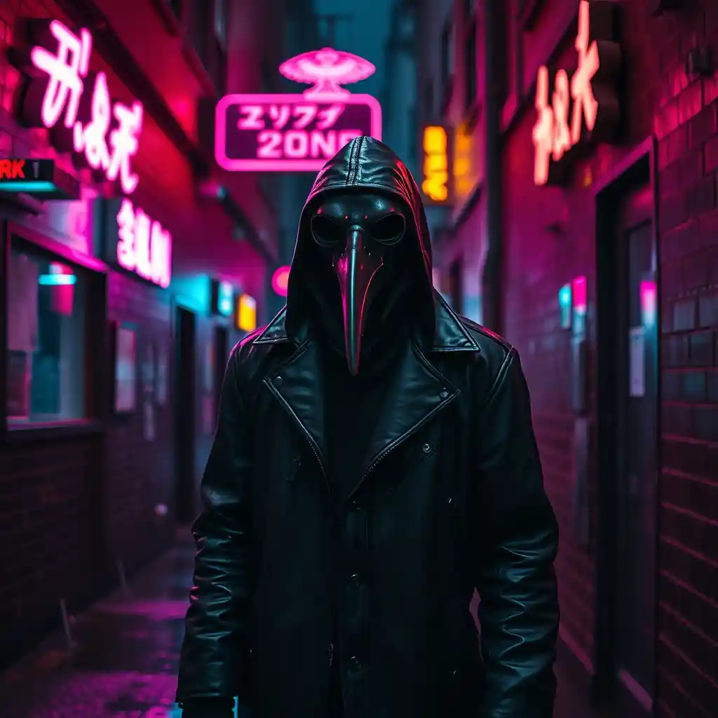 A plague doctor stands in a rain-soaked neon alley at night