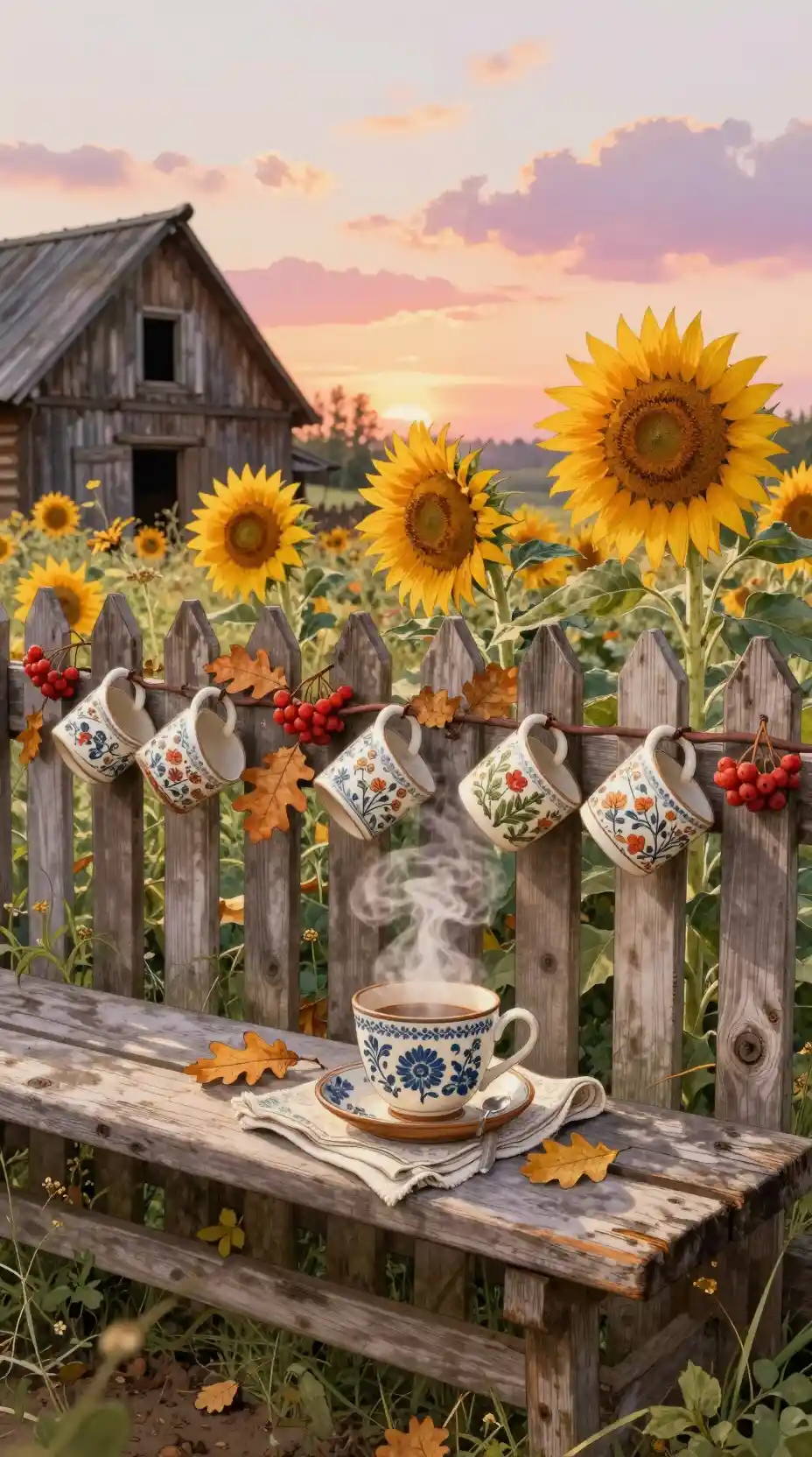 A steaming cup sits on a wooden bench in a rural autumn scene