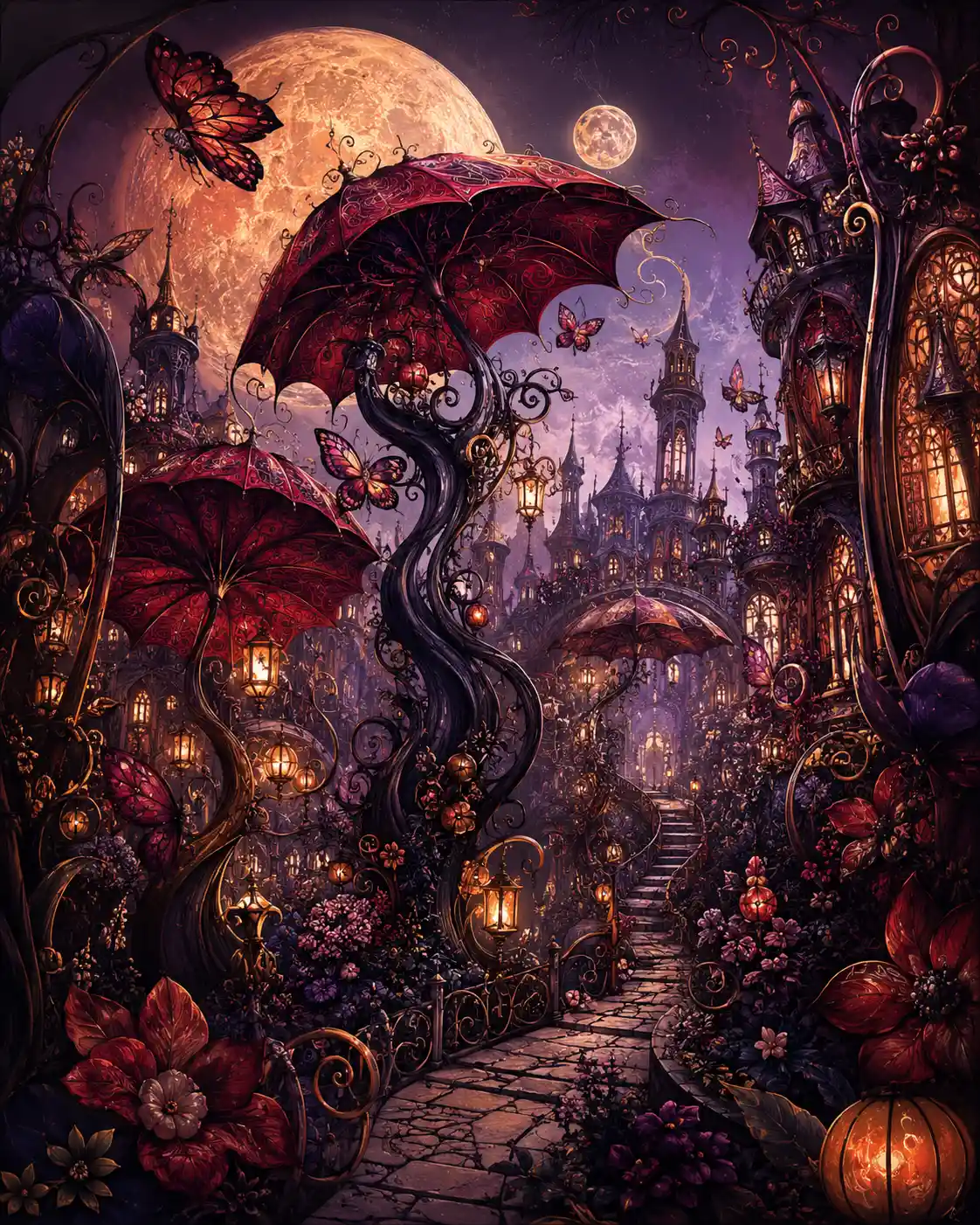 Ancient umbrellas bloom from twisted vines beneath oversized moons