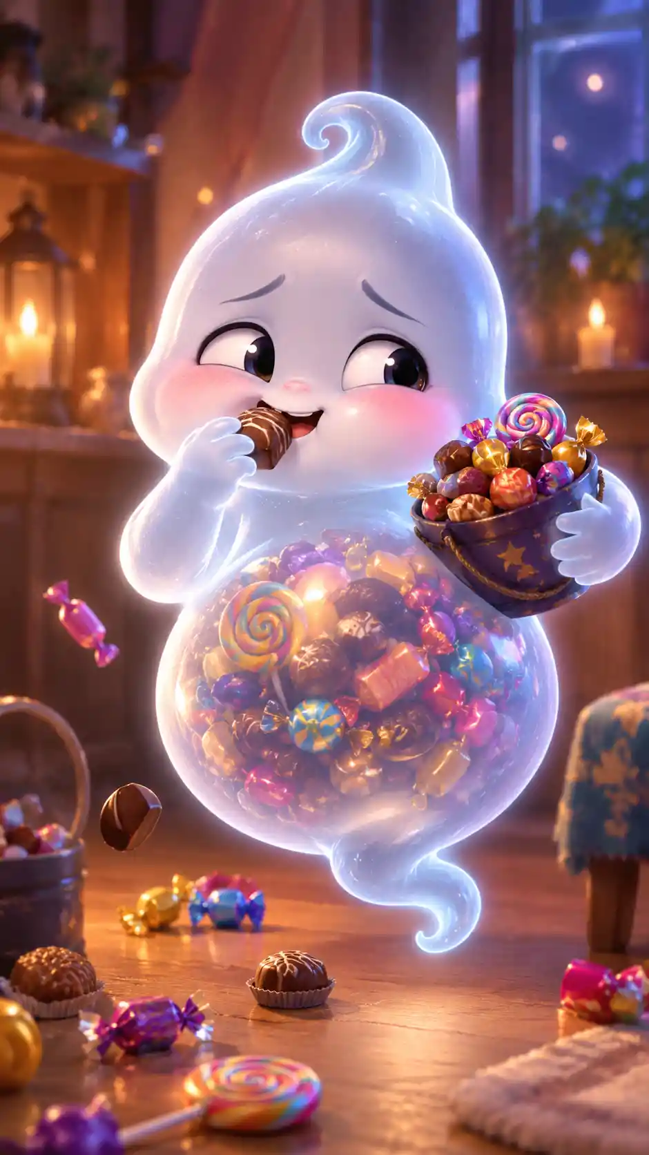 A Bashful Ghost Takes Another Bite With Sweets Visible Inside Its Belly
