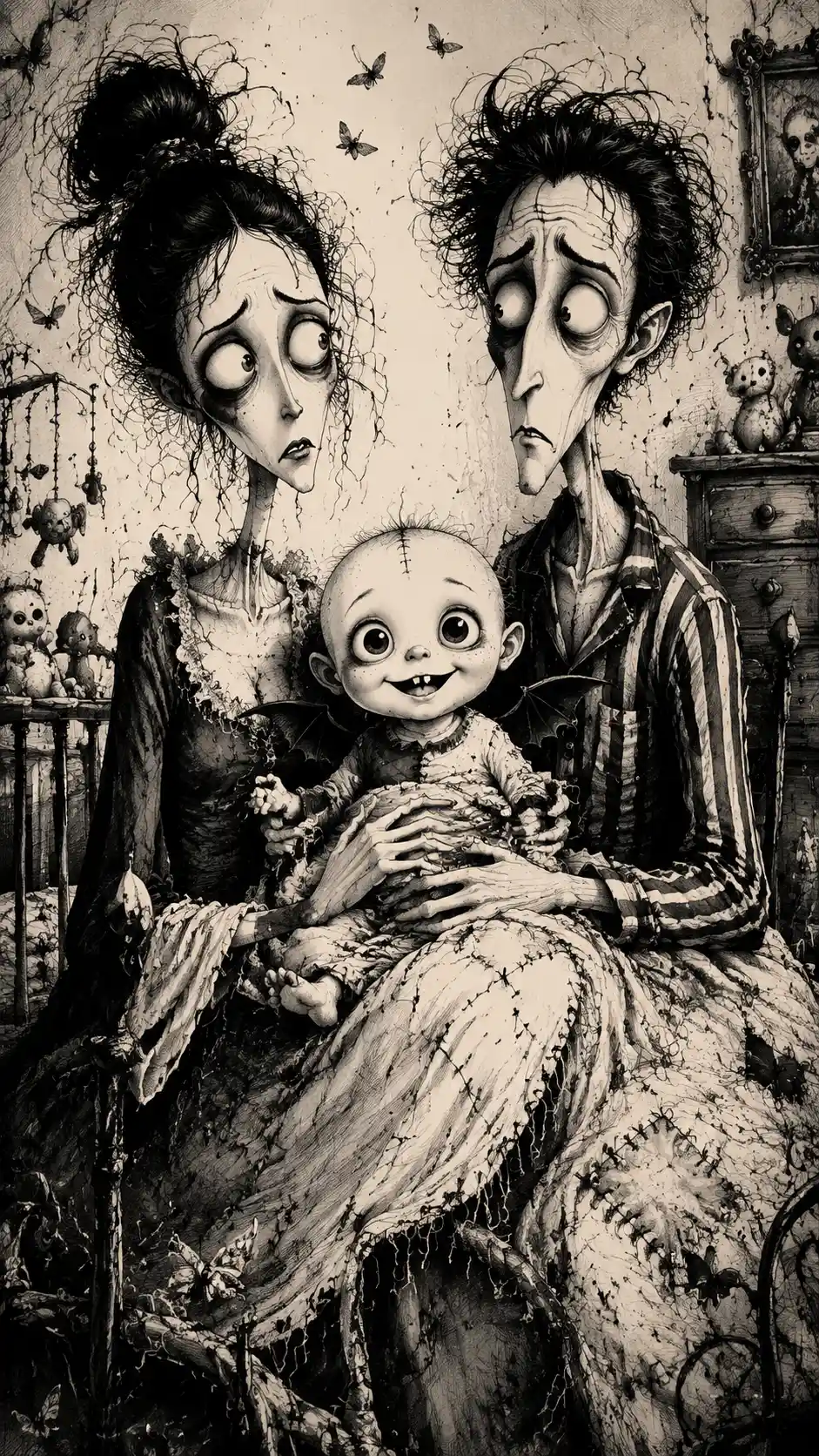 A gothic couple holds a tiny stitched baby with a disquieting smile