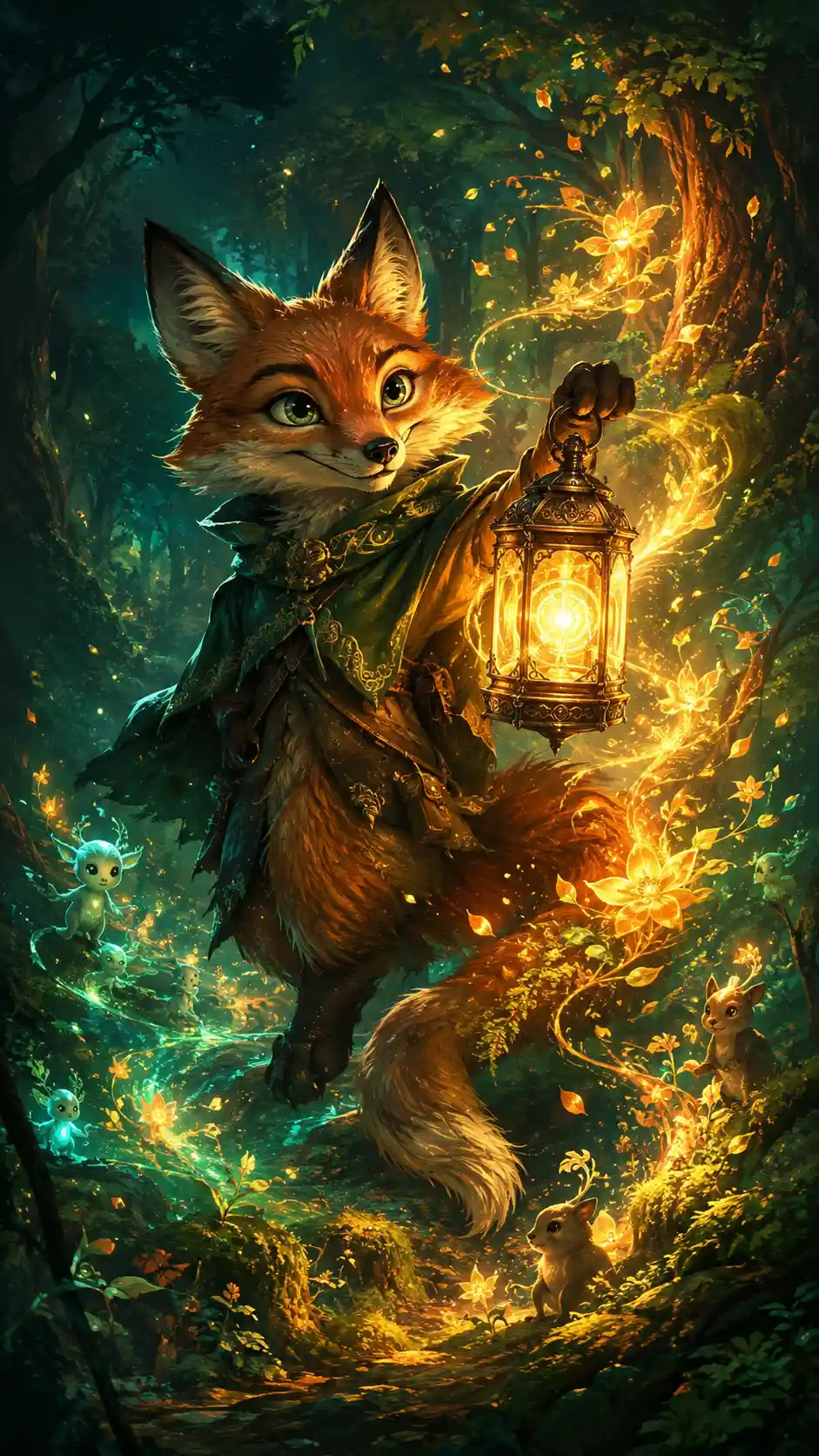 A clever fox carries an ancient lantern as a forest blooms around it