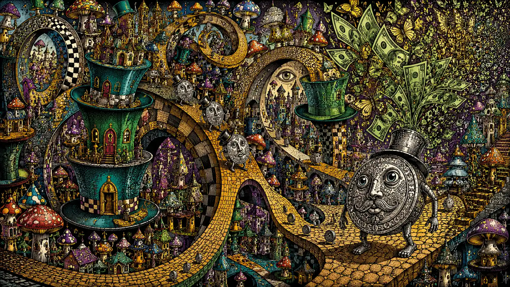 A whimsical city of looping streets and mushroom shaped houses