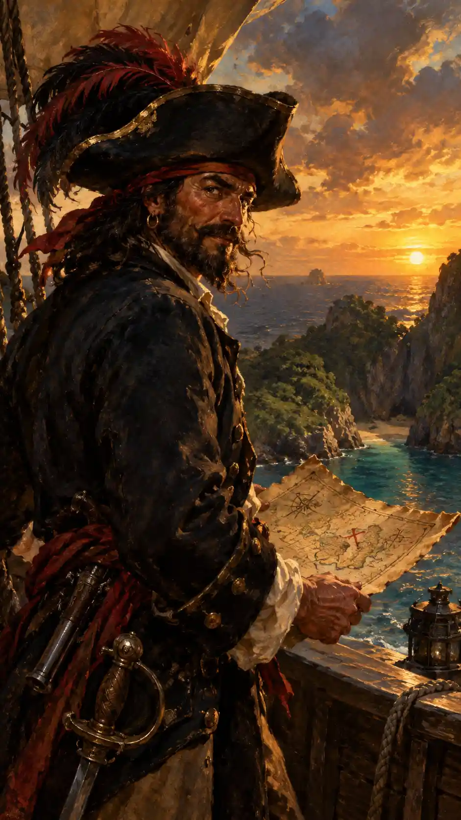 A pirate captain unfurls a treasure map aboard his ship near a hidden cove