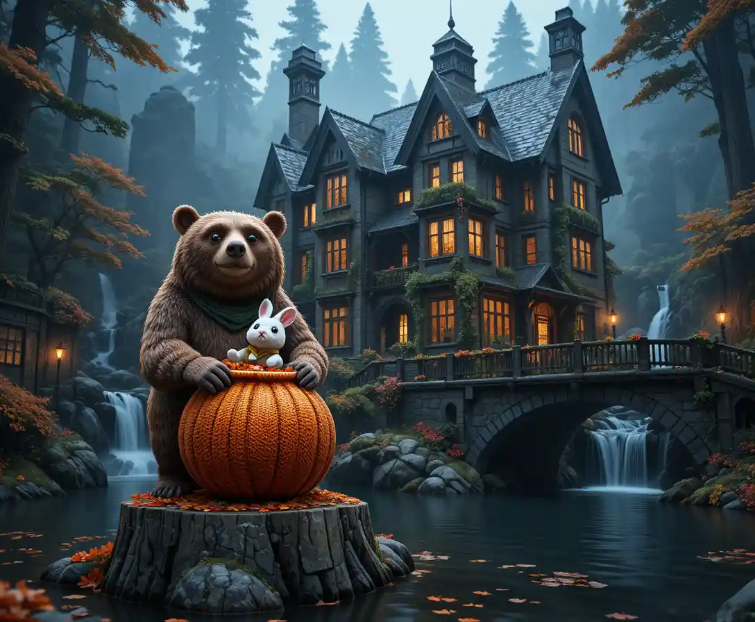 A curious bear finds a rabbit peeking from a knitted pumpkin