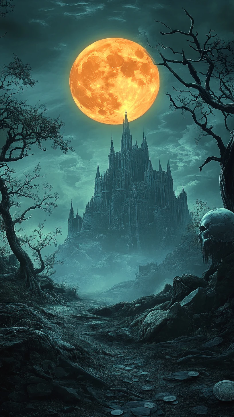 Gothic castle rises behind twisted trees beneath an enormous orange moon