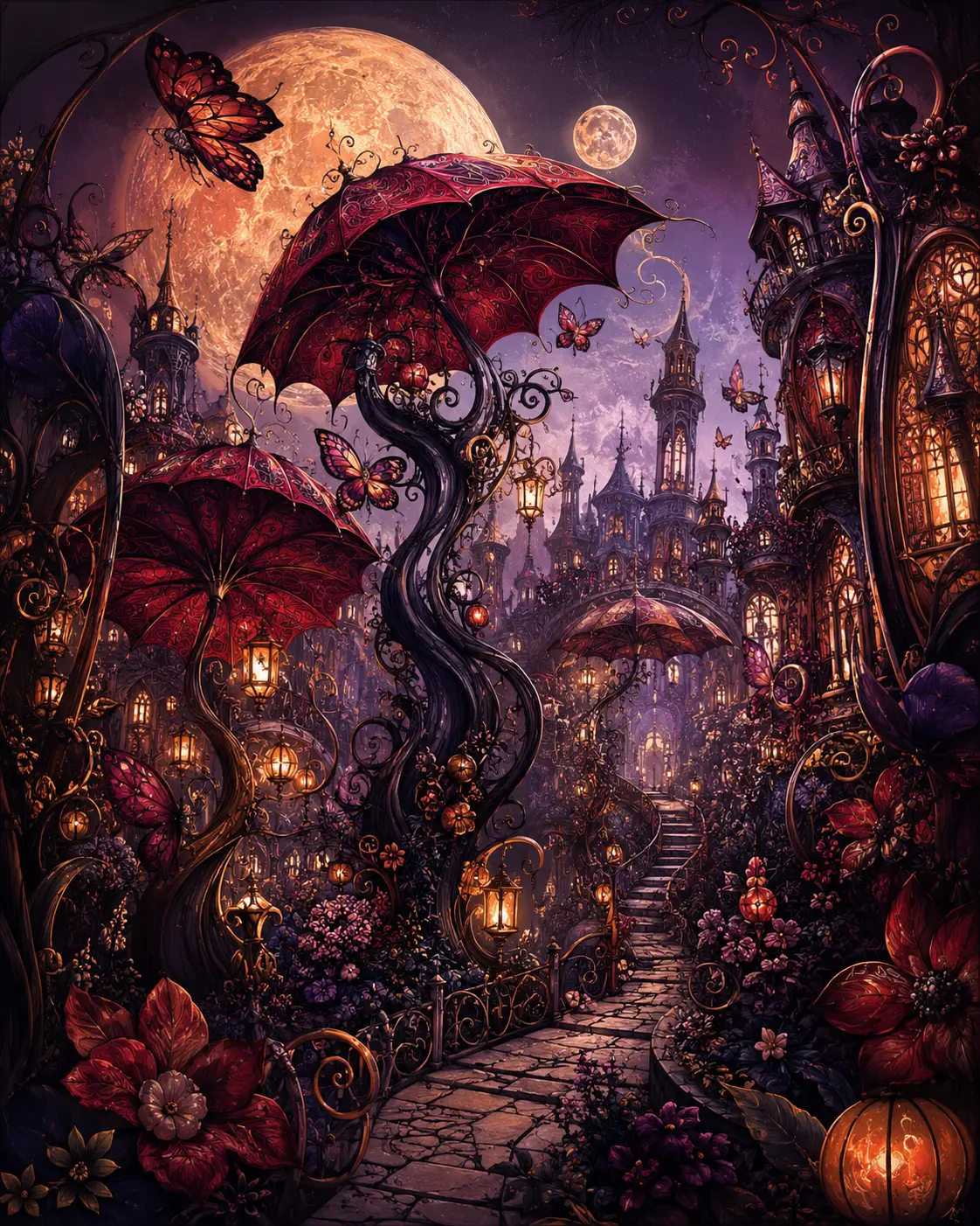 Ancient umbrellas bloom from twisted vines beneath oversized moons