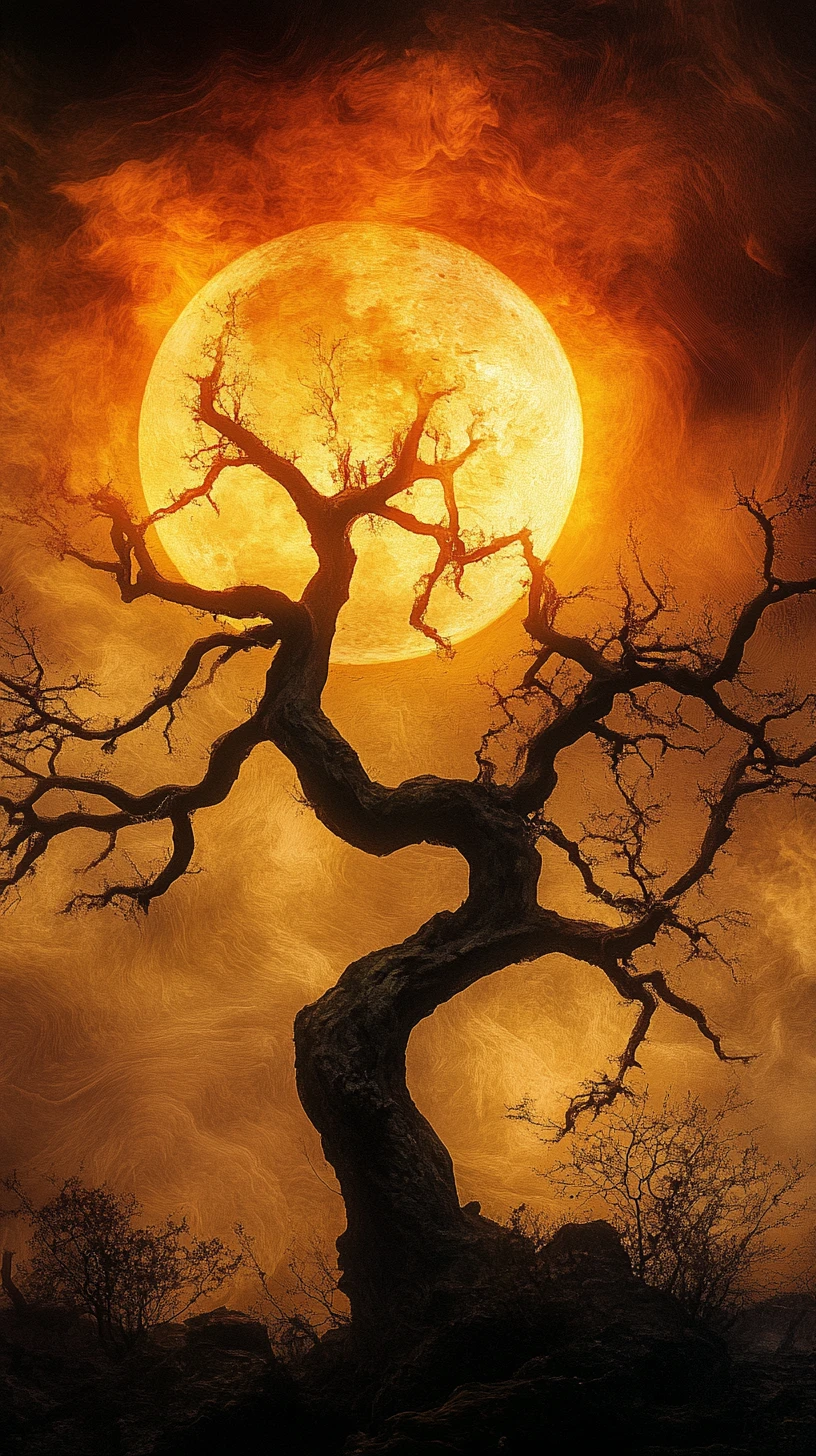 An orange full moon glows through the silhouette of a gnarled tree