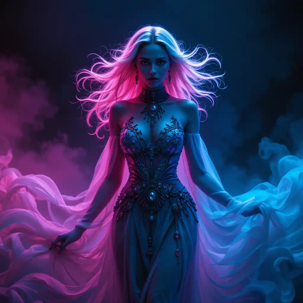 A platinum blonde woman swirls through a dark ethereal vision