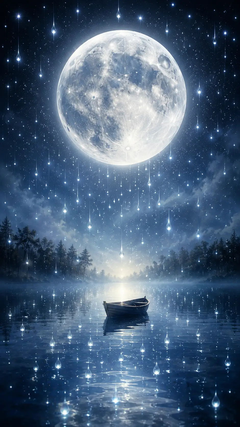 A Luminous Moon Hangs Low Above a Lake as Raindrops Rise