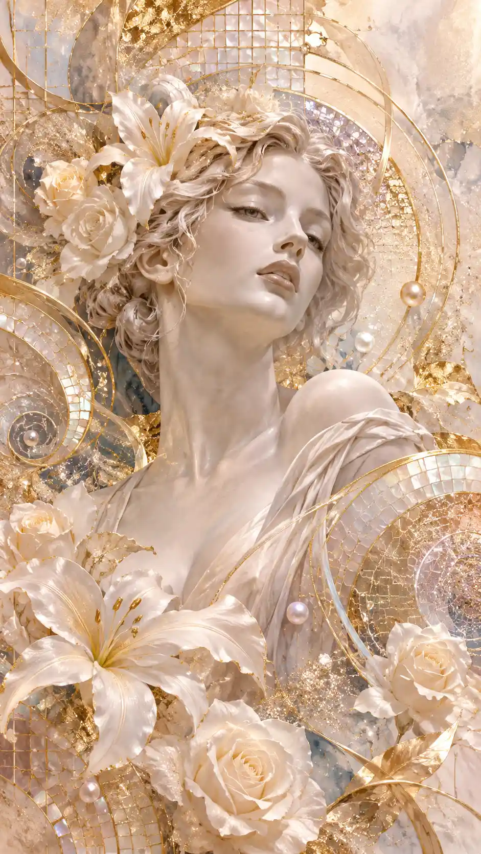 Abstract Watercolor Art With a White Marble Statue, Lilies, and Roses