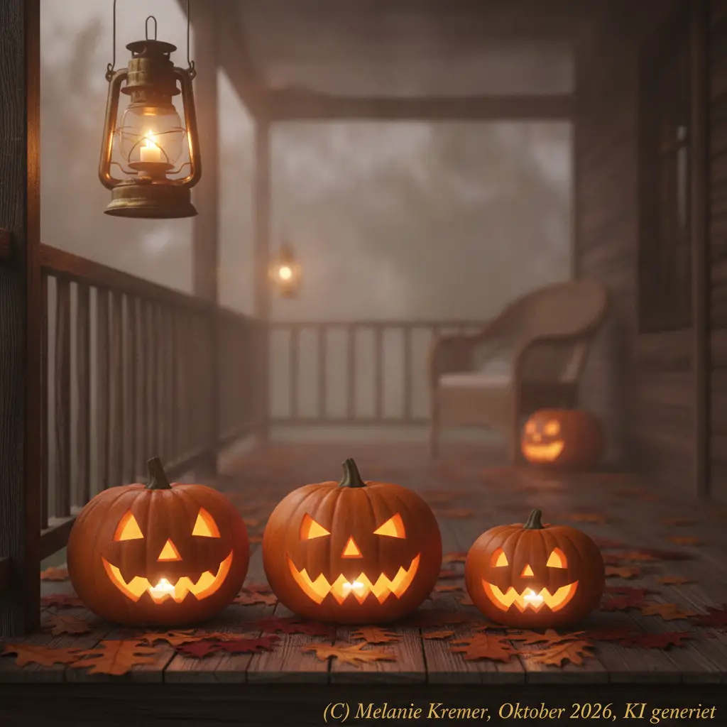 Glowing jack-o'-lanterns welcome autumn twilight on a rustic porch